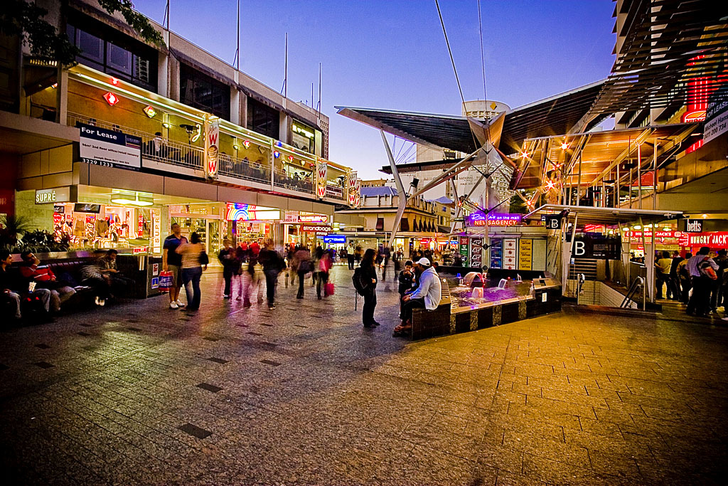 Queen Street Mall at dusk in Brisbane